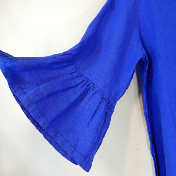 BRYN WALKER Phryne Shift DRESS Blue LINEN S M L Ruffled Bell Sleeve NEW $203 - Picture 5 of 7